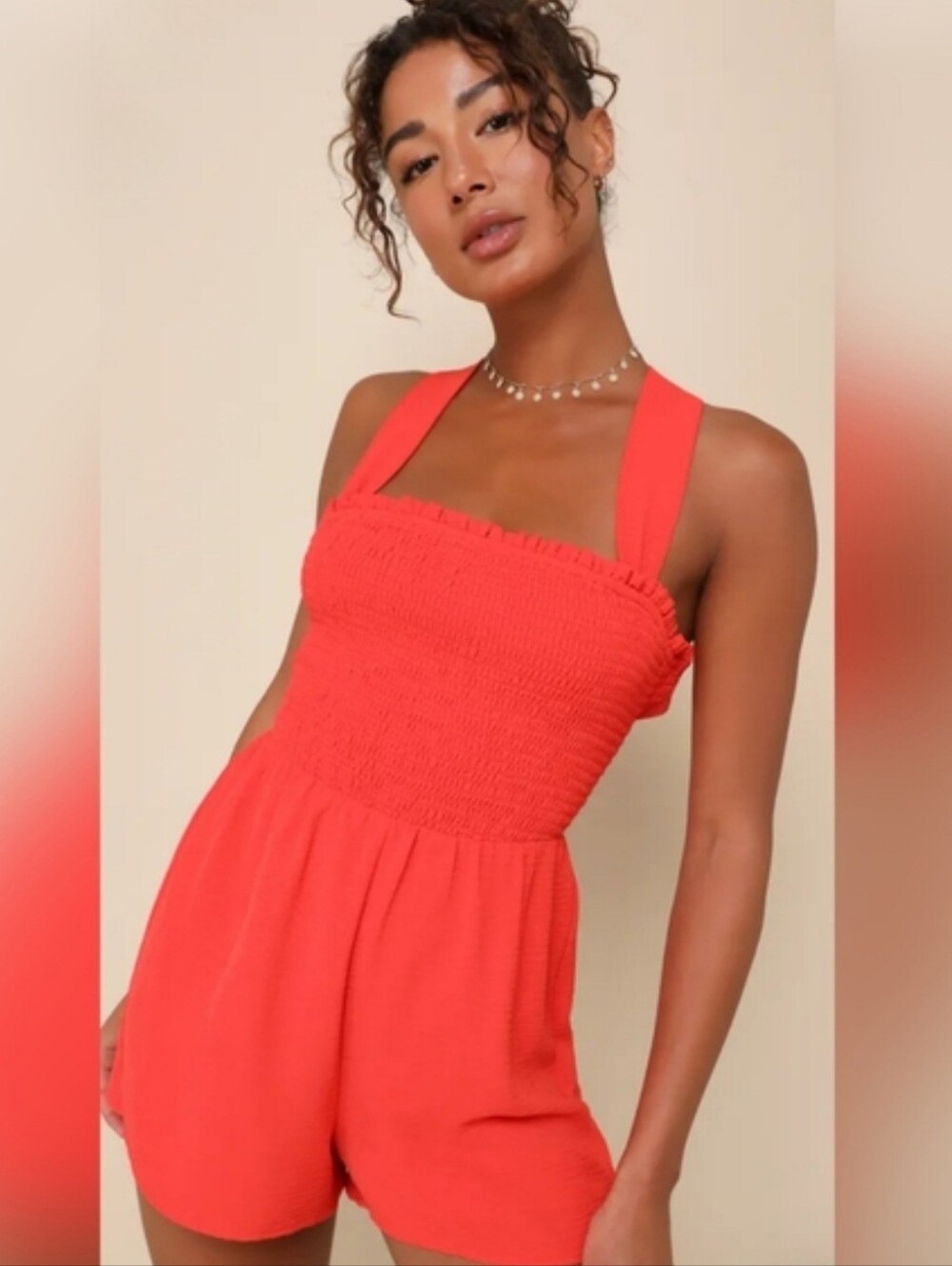 NWT Lulu' s Summertime Senses Orange/red Smocked Tie-back Romper Size Medium